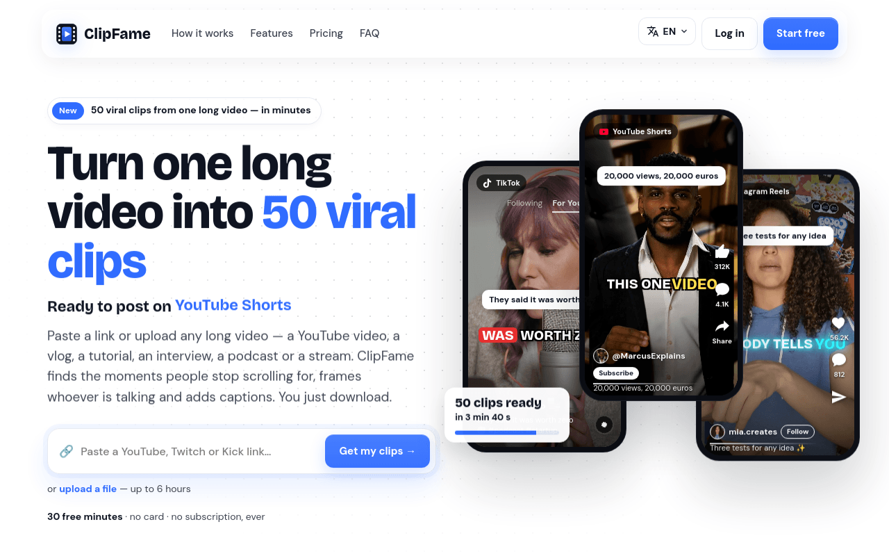 Homepage of clipfame.app, captured Sep 27, 2026